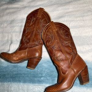 ACME Chestnut Leather Heeled Boots Lizard Print Vintage Cowboy Boots